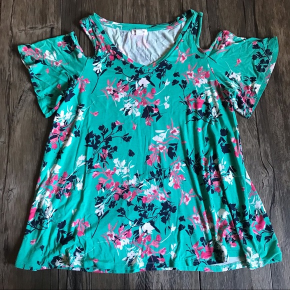 Westport Tops - Cold Shoulder WESTPORT Flowered Short Sleeve Shirt